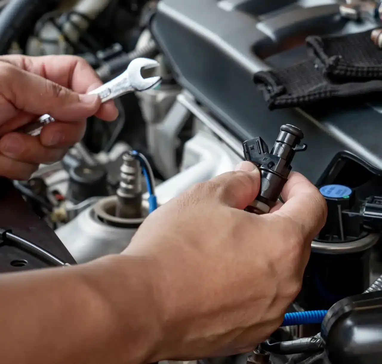 1023 Diesel & Fleet: Close-up of a person’s hands working on a car engine. One hand holds a small component, while the other holds a wrench. Various engine parts and cables are visible in the background.