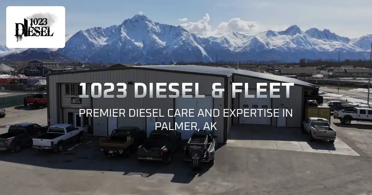 The 1023 Diesel & Fleet shop at 530 E Steel Loop in Palmer, Alaska, with trucks parked in front and snow-capped mountains behind